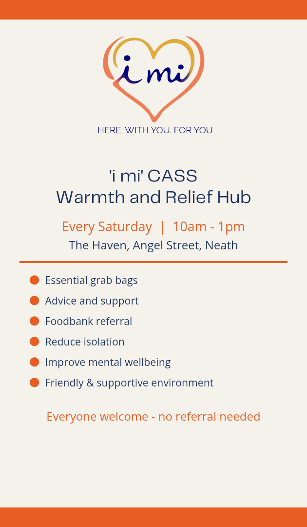 'i mi' CASS Warmth and Relief Hub poster listing Saturday services: grab bags, advice and support, and foodbank referrals.