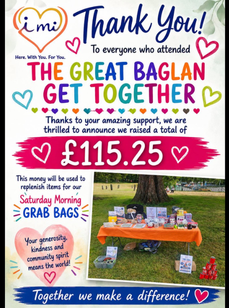 'i mi' CASS Great Baglan Get Together fundraising thank-you graphic, £115.25 raised for Saturday morning grab bags.