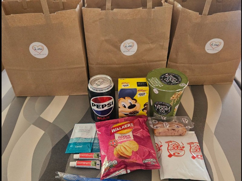 Grab bag containing food and essential items provided by 'i mi' CASS Warmth and Relief Hub